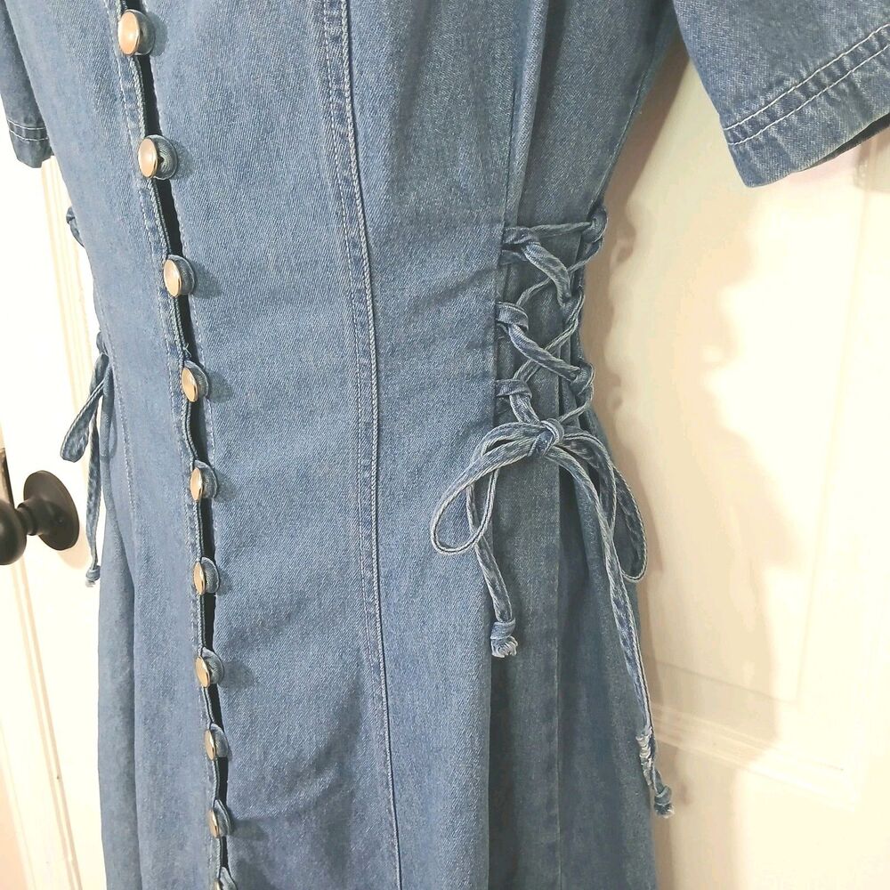 VTG DJ Int’l Denim Midi Dress Size 5/6 Lace Up Corset Sides Button Front 90s Y2K - Picture 10 of 16